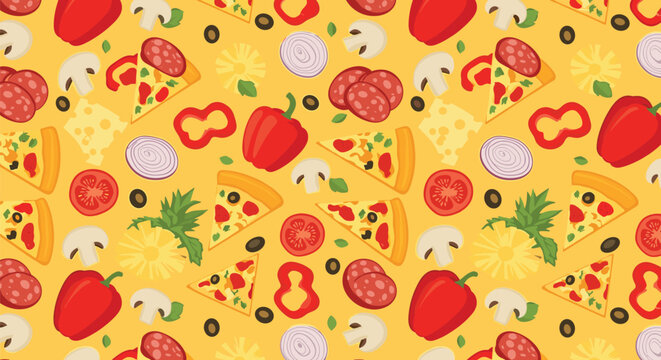 Seamless pattern of pizza slices and fresh ingredients like mushrooms peppers onions and tomatoes on a bright yellow background.