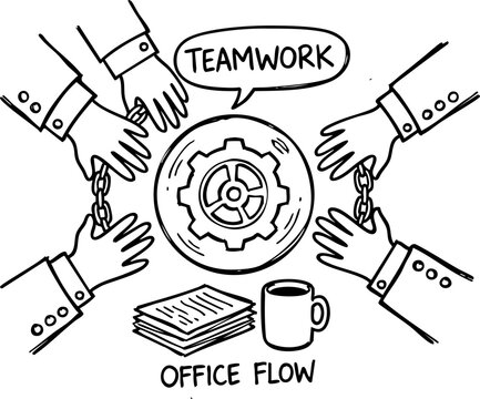A black and white hand drawn showing teamwork and office flow with hands holding a chain around a gear on a white background