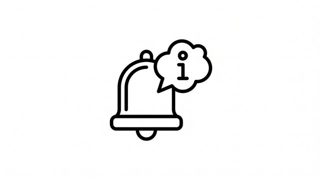 Line art icon of a notification bell with an information symbol in a speech bubble.