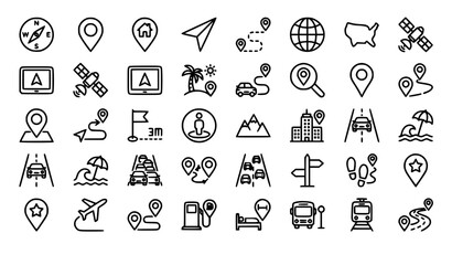 Naklejka premium Navigation Line Icon Set with Route Map Marker Compass Globe and Travel Location Symbols