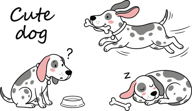 Cute dalmatian puppy dog character set running with bone sleeping and sitting near empty food bowl