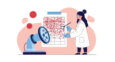 Fototapeta premium Female laboratory professional analyzing blood samples and medical charts using a high-precision microscope in a clinical setting.