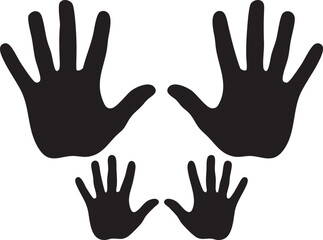Fototapeta premium Black silhouette of two large hands and two small hands raised, representing family, unity, support, and togetherness on white