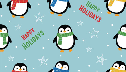 Fototapeta premium Seamless pattern with cute cartoon penguins wearing colorful winter scarves and happy holidays text on light blue.