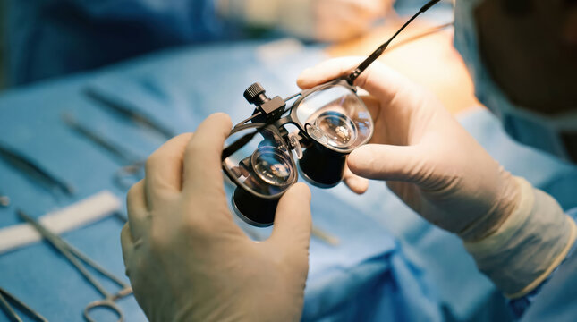 Vascular surgery loupe hand glove operating room medical tool close view showing focused precision during clinical procedure