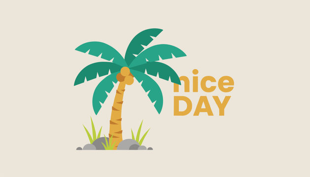 Relaxing tropical scenery with a green palm tree on a small rocky island and nice day text on light beige background.