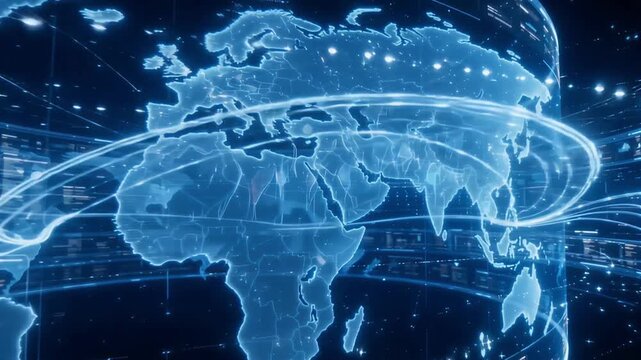Digital world map animation showing global data connections and glowing streaming communication networks in blue motion
