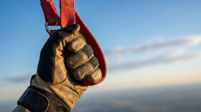Skydiving glove harness sky hand grips red strap during freefall training above horizon with calm outdoor adventure mood
