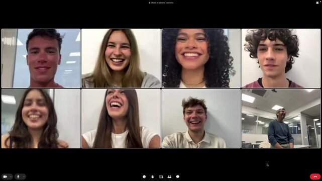 Group of diverse students attending online class videoconference