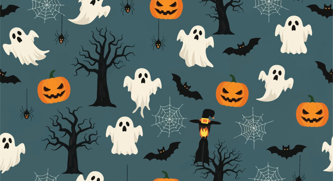 Seamless Halloween pattern featuring orange jack-o'-lantern pumpkins, white flying ghosts, black bats, spiders, spider webs, and spooky bare trees on a dark teal background.
