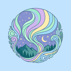 Obraz premium A circular illustration of colorful lights over a mountain forest