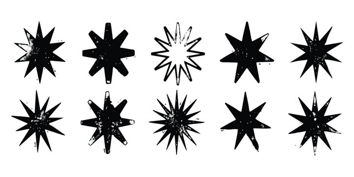 Set of ten black grunge star shapes with rough texture and different points