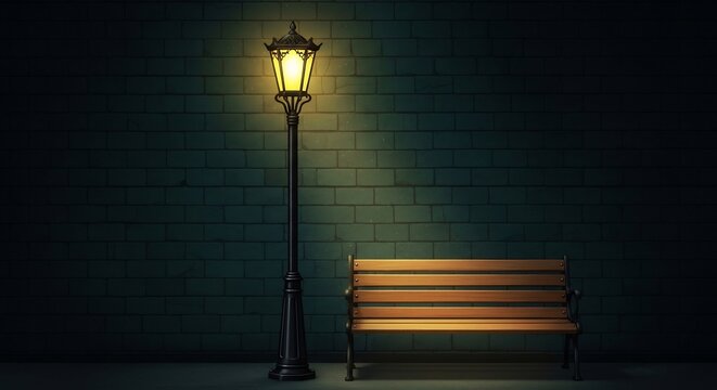 夜の街灯とベンチ 暖かな光の佇まい