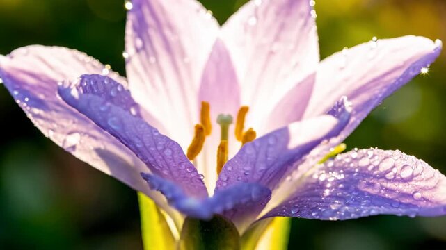 Macro shot of a purple flower bud covered in water droplets with starburst light diffraction highlights against a soft bokeh background of green and yellow spring foliage.