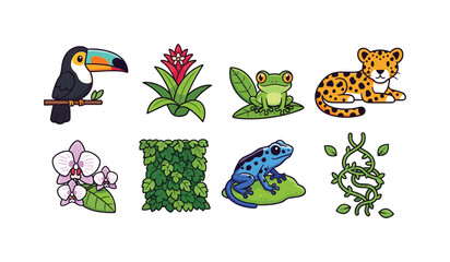 Obraz premium Cute cartoon jungle animals and plants collection with toucan, jaguar, and frogs