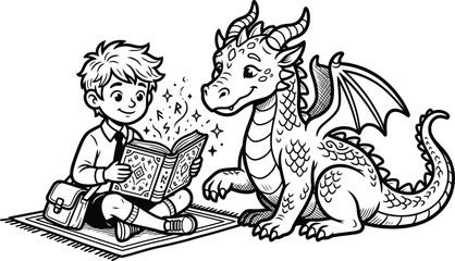 Fototapeta premium Whimsical dragon, boy reading book, fantasy illustration, coloring page, black and white
