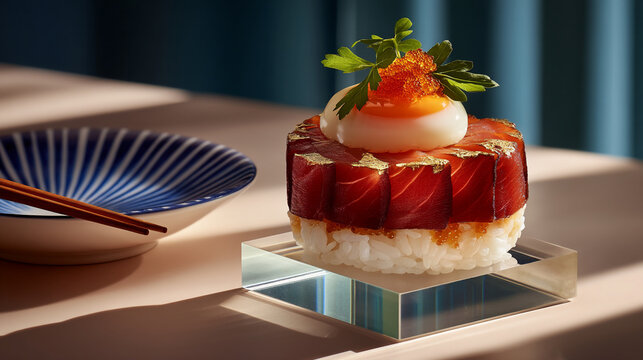 Elegant tuna tartare cylinder with boiled egg and fish roe topping appetizer japanese