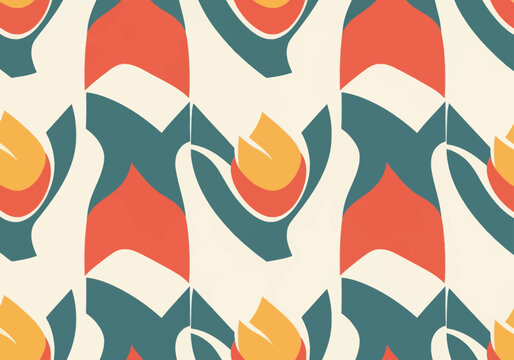 Seamless abstract vector pattern featuring organic teardrop and shield shapes in teal, muted coral, and yellow ochre on a cream background, mid-century modern textile design.