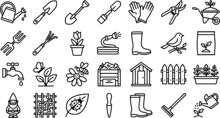 Gardening and agriculture line icon set featuring shovel watering can wheelbarrow boots plants tools flower fence gnome and backyard farming vector elements. © Md. Mozammel Hoq