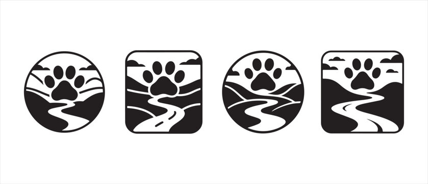 Black and white paw print icons with nature landscape scenery and road path inside circle and square frames for pet travel or animal adventure logo design.