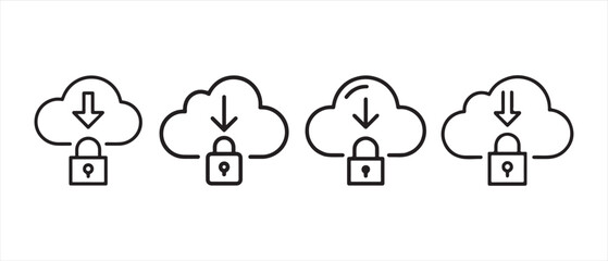 Obraz premium Set of four black line icons showing secure cloud download symbols with a padlock and down arrow.