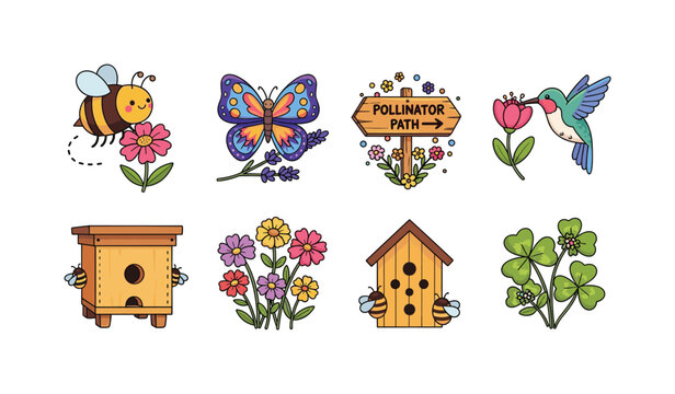 Cute cartoon pollinators and garden elements for spring and summer themes