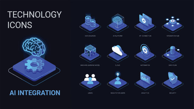 Isometric Technology Icons Representing AI Integration and Data Flow Concepts artificial intelligence