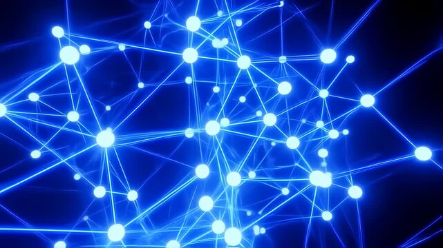 A network of connected glowing spheres and lines against a dark blue background