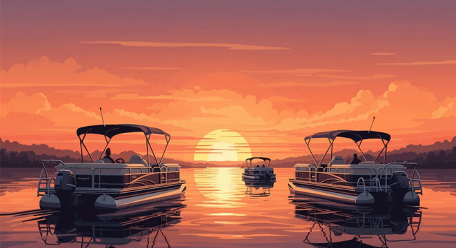 Vector illustration of three pontoon boats floating on a calm lake during a vibrant orange sunset with a large sun on the horizon, clouds, and silhouetted forest hills in the distance.
