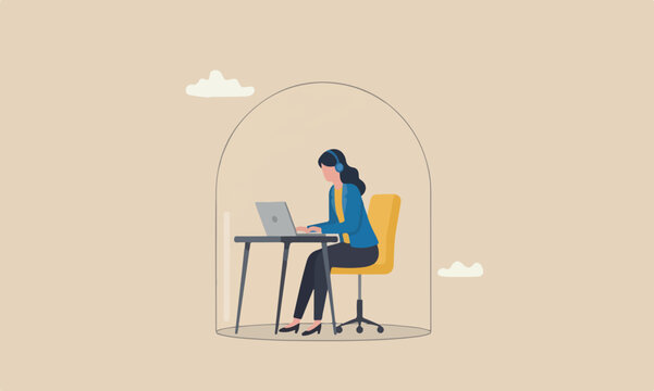 Introvert, red meeting teams rocket work individual, employee work productively when working alone concept, introvert disconnected woman working alone with computer laptop covered inside glass dome