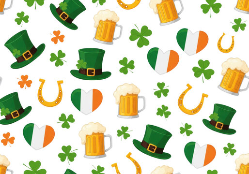 St patricks day seamless pattern with leprechaun hats, beer mugs, shamrocks, horseshoes, and heart flags isolated on transparent background