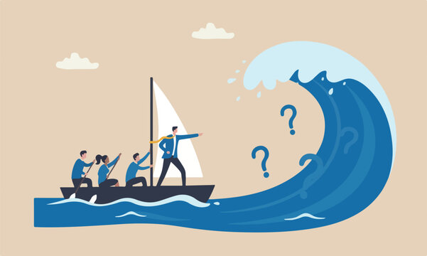 Courage, challenge risk taker concept, businessman captain point finger to lead team sailing boat to survive wave storm