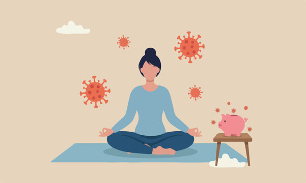 Stay calm at meditation pink piggy bank or yoga in social distancing self isolation in COVID-19 Coronavirus outbreak lockdown concept, woman meditate and yoga at home to stay calm, COVID-19 virus