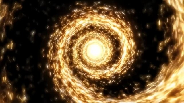 Animated golden particles swirl inward, forming a glowing tunnel against a dark, undefined background