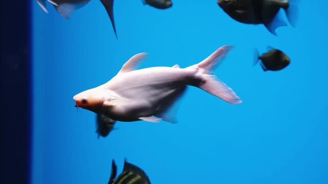 Albino catfish swimming blue aquarium water tank. Exotic freshwater fish displays distinctive barbels and smooth skin texture in underwater habitat environment.