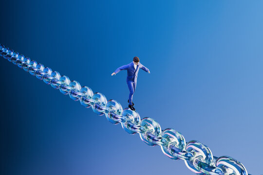 Businessman Balancing on Glass Chain 3D Risk Concept