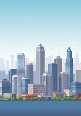 Naklejka premium Vertical flat vector illustration of a modern city skyline featuring diverse skyscrapers, office buildings, and a waterfront promenade with green trees under a clear blue sky.