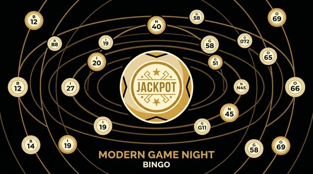 Modern game night bingo illustration with golden jackpot emblem and numbered balls orbiting on a black background, creating a luxurious design.