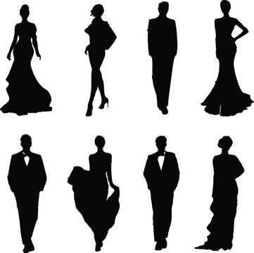 Elegant collection of black vector silhouettes featuring diverse men and women dressed in formal evening wear for fancy gala events