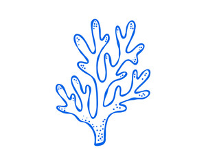 Fototapeta premium Blue line art coral branch doodle, simple underwater sea life icon for nautical decor, beach vacation, ocean and marine design themes