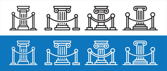 Set of classic museum pillar column icons with rope barriers for exhibition display or historical monument protection. © Safali