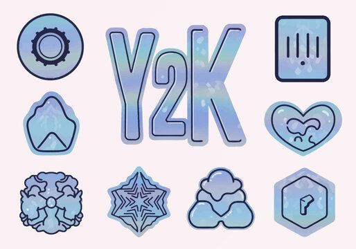 Set of Y2K retro-futuristic vector design elements with holographic gradients, featuring Y2K typography, heart icon, gear symbol, star, and abstract shapes on white background