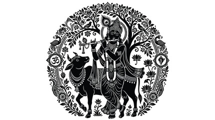 Fototapeta premium Intricate black and white circular illustration of a deity playing a flute, with a sacred cow and traditional motifs