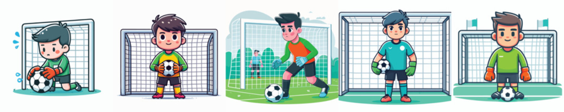 Kids soccer goalkeeper vector illustration set, cute boy football goalie character cartoon collection catching ball at the net gate, youth sports training and hobby isolated on white background