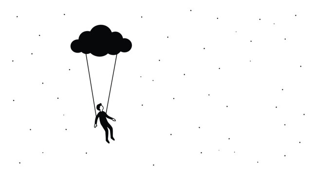 Man flying on cloud like parachutes