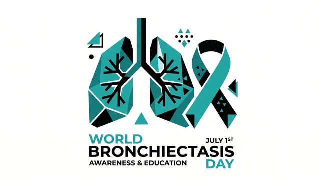 Stylized illustration for World Bronchiectasis Awareness and Education Day on July 1st, featuring teal lungs, a ribbon, and geometric elements.