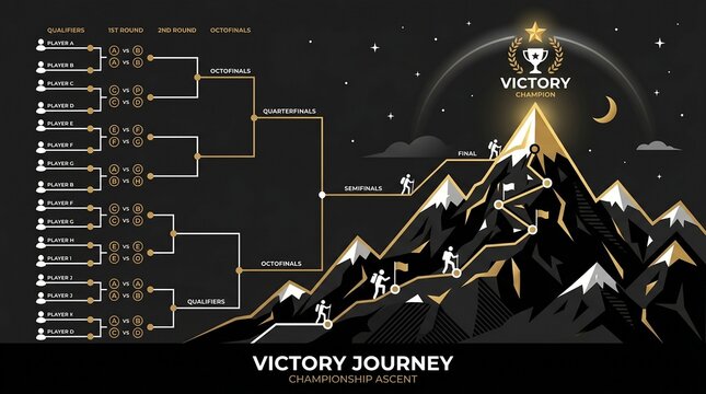 Victory Journey Championship Ascent Tournament Bracket and Mountain Climbing Path Illustration with Trophy at the Peak.