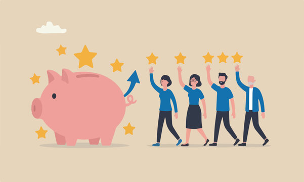 Customer loyalty, stars pink piggy bank rating feedback, best user experience or trust to use service again concept, various customer people giving 5 stars review for quality service