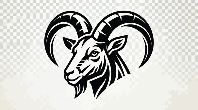 Black ram head with curved horns