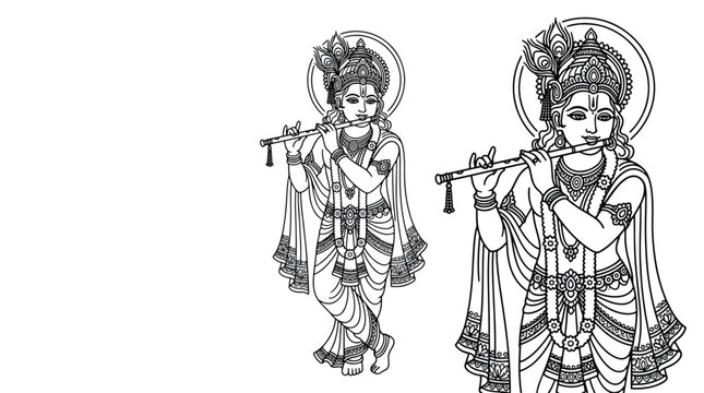 Traditional black and white line art illustration of a Hindu deity, Lord Krishna, playing a sacred flute